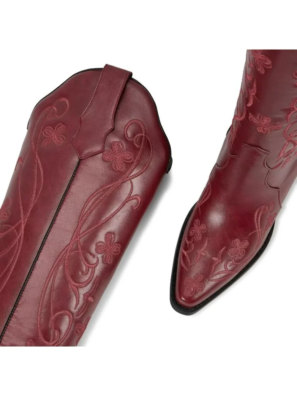 Women's Red Floral Knee High Cowgirl Boots Embroidered Pointed Toe Chunky Heel